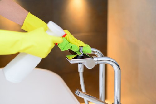 Detailed deep cleaning setup for kitchen, bedroom, and workspace
