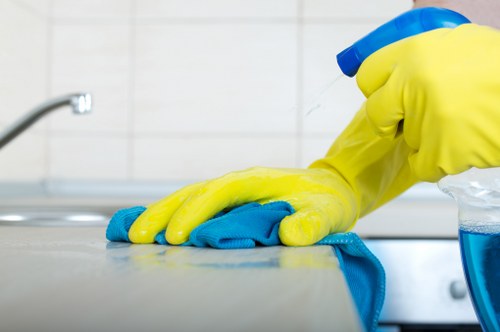 Kitchen house cleaning with counters and appliances being wiped